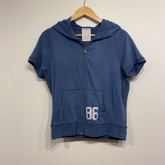 **$5 SALE** Victoria's Secret Blue Full Zip Short Sleeve Hooded Sweatshirt - Picture 1 of 5